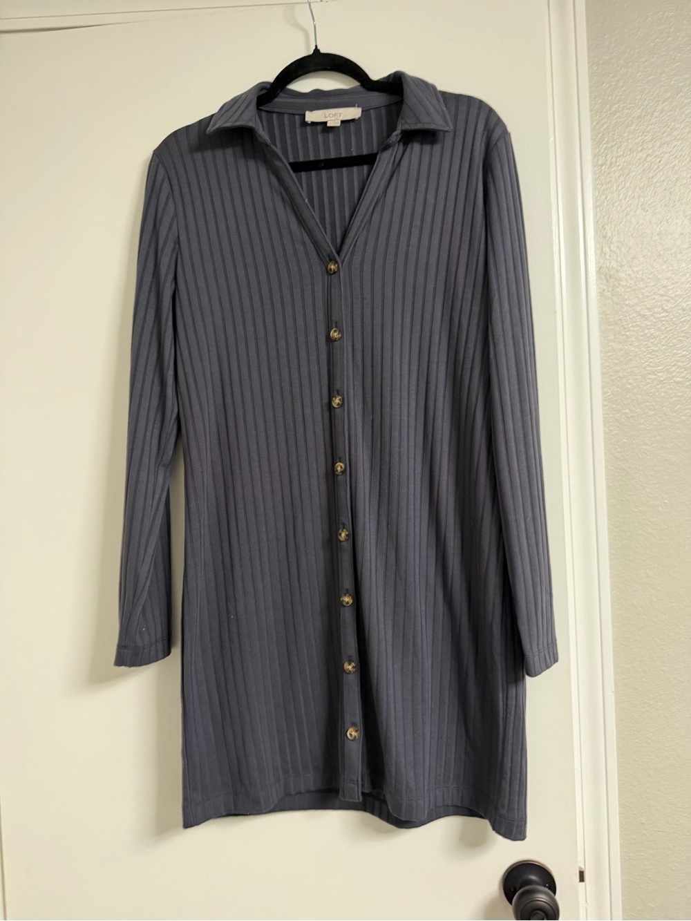 LOFT Women’s Ribbed Button-Front Long Sleeve Shirt Dress - Slate Blue